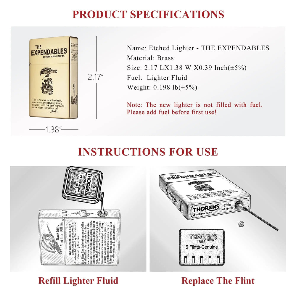 Technical data sheet for THE EXPENDABLES etched brass lighter including size, weight, and diagrams for refilling fluid and flint replacement.