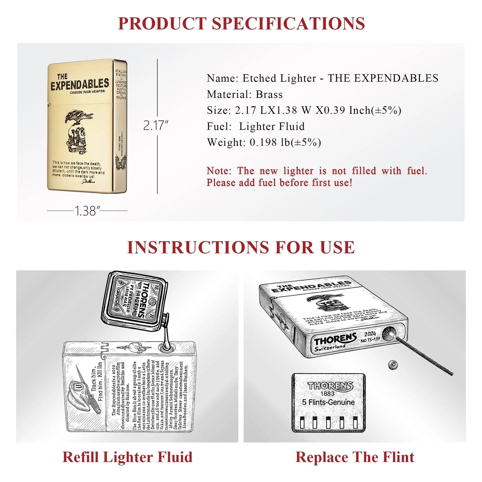 Technical data sheet for THE EXPENDABLES etched brass lighter including size, weight, and diagrams for refilling fluid and flint replacement.