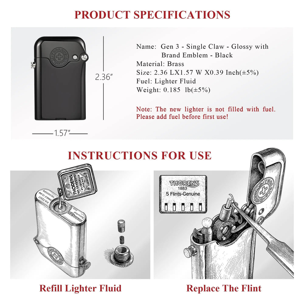 Technical details for the Thorens Gen 3 single-claw lighter, showing its dimensions of 2.36 x 1.57 inches and illustrated guides for refilling fluid and replacing the flint.