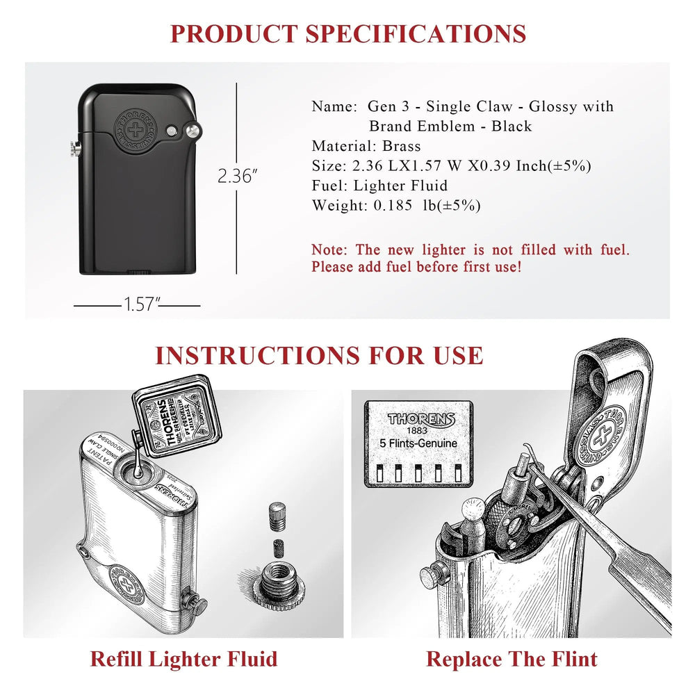 Technical details for the Thorens Gen 3 single-claw lighter, showing its dimensions of 2.36 x 1.57 inches and illustrated guides for refilling fluid and replacing the flint.