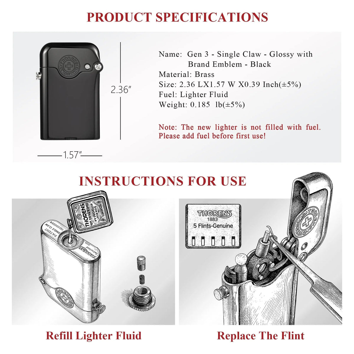 Technical details for the Thorens Gen 3 single-claw lighter, showing its dimensions of 2.36 x 1.57 inches and illustrated guides for refilling fluid and replacing the flint.
