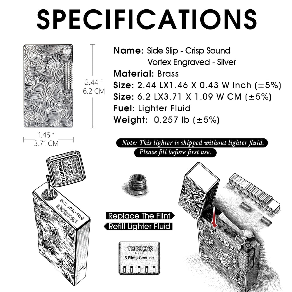 A technical specification sheet for the silver Thorens lighter, detailing its brass material, weight of 0.257 lbs, and dimensions of 2.44 by 1.46 inches with its signature vortex engraved pattern.
