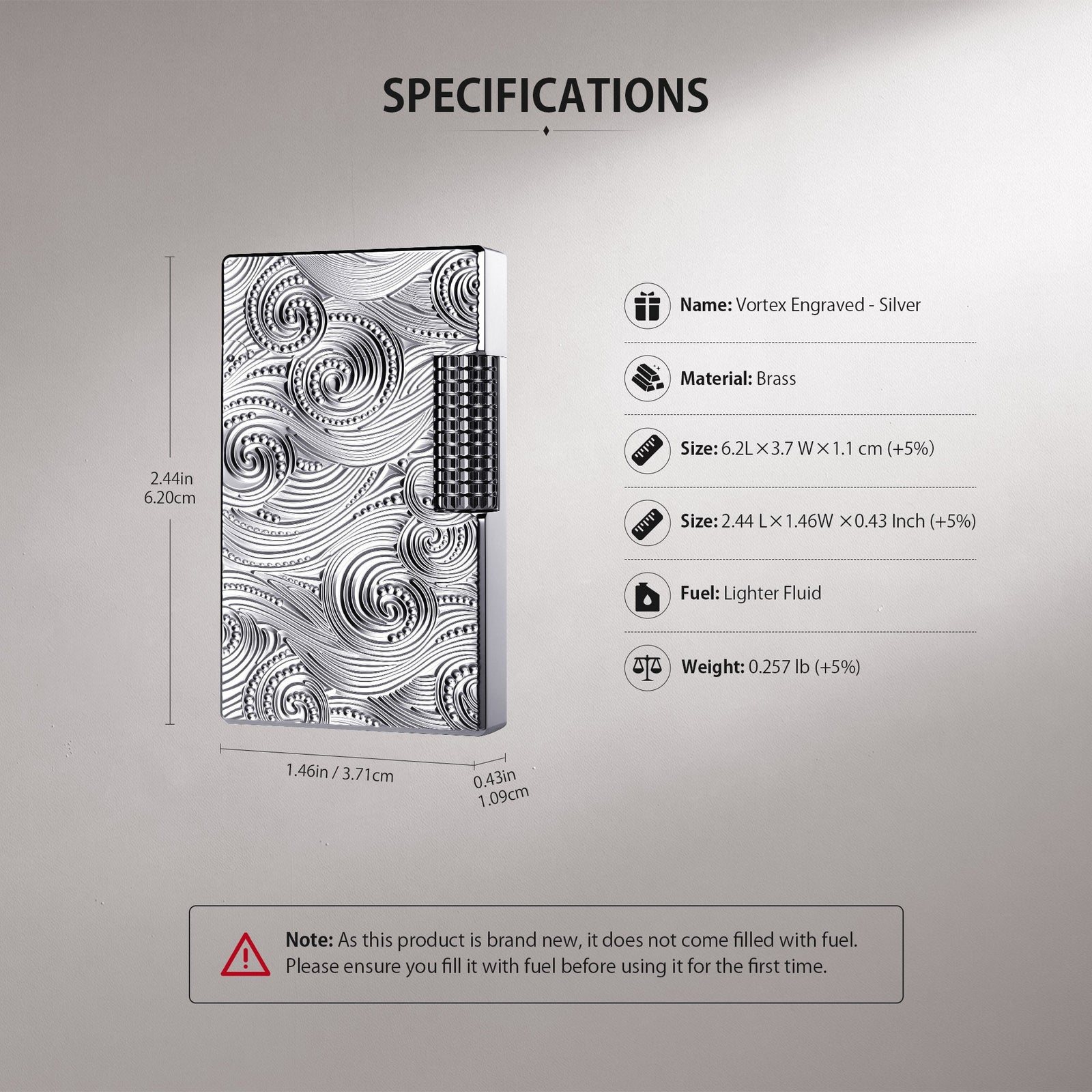 A technical specification sheet for the silver Thorens lighter, detailing its brass material, weight of 0.257 lbs, and dimensions of 2.44 by 1.46 inches with its signature vortex engraved pattern.