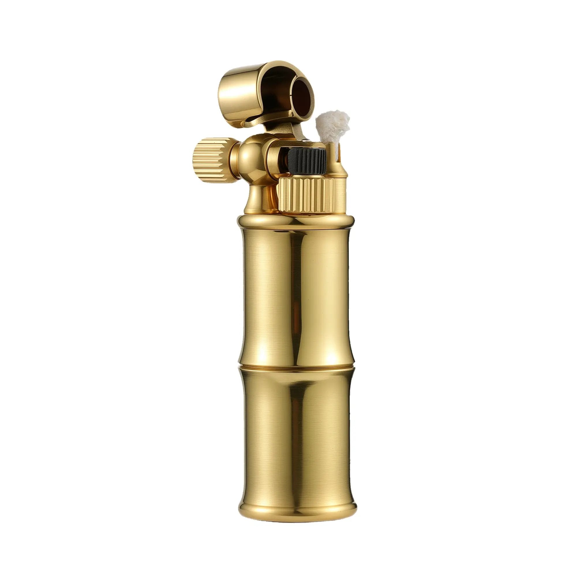 A vertical studio shot of the Thorens Mini Bamboo lighter, featuring a brushed brass finish, bamboo-joint body, and exposed mechanical ignition.
