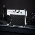 A side profile of the Thorens Gun Lighter standing on a chessboard. The image highlights the silver-polished metal upper frame, the textured black grip panel, and the unique vented barrel-style design.