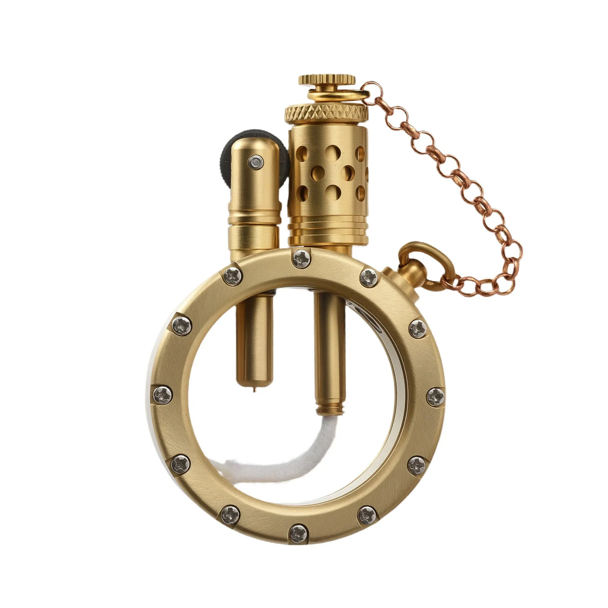 A round pocket watch style lighter in a brushed brass finish, featuring a circular window secured by screws, a visible cotton wick, and a safety chain.