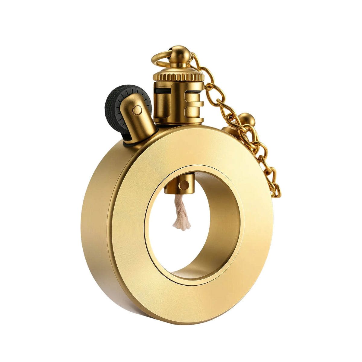 A Seahorse Trench lighter featuring a unique hollow circular frame, brushed brass finish, integrated wick, and a mechanical flint wheel with a safety chain.