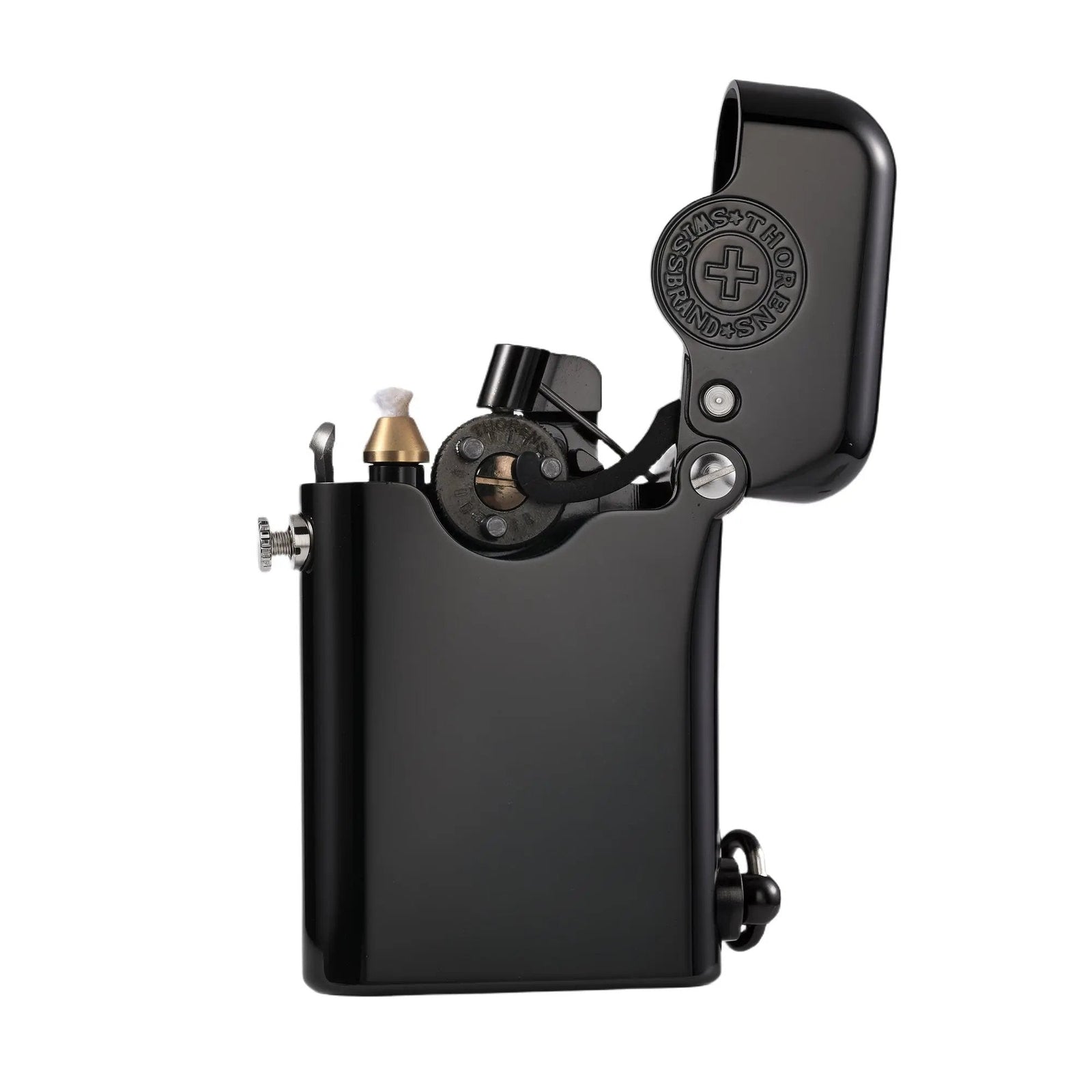 A side-view studio shot of a glossy black Gen 1 Single Claw lighter with an open flip-top cap, revealing the brand emblem and precision mechanical ignition components.