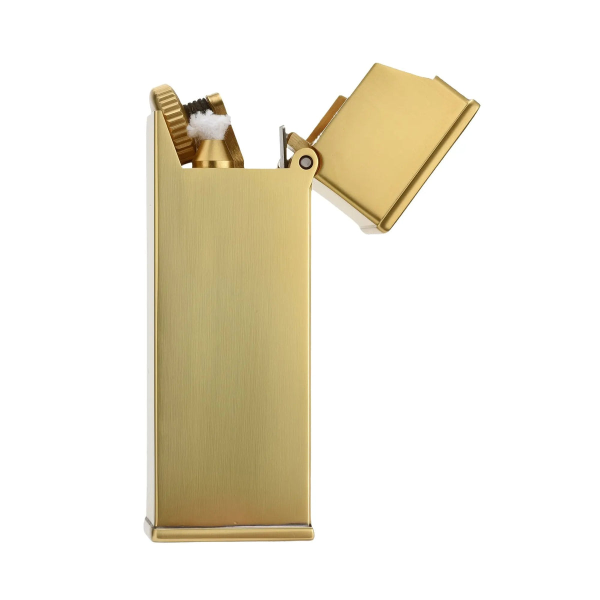 A vertical studio shot of the brushed brass Long Fellow lighter with its flip-top cap open, showcasing the cotton wick and the mechanical details of the inclined ignition wheel.