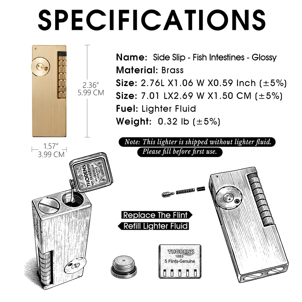 A technical product sheet for the Thorens-style "Side Slip" lighter in glossy brass, detailing its 2.76-inch height and 1.06-inch width, alongside illustrated guides for refilling fluid and flint replacement.