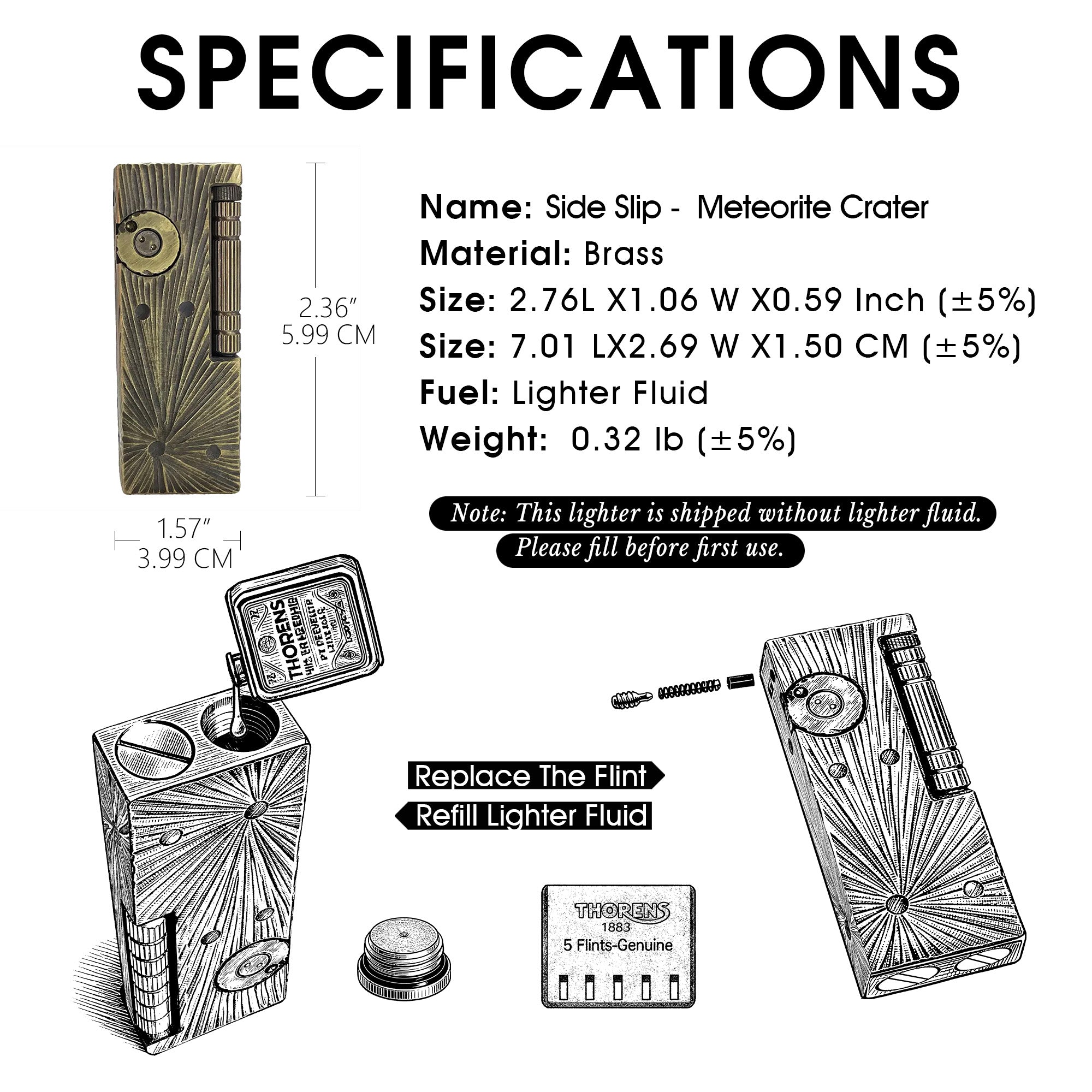 Vintage Brass Side Slip Meteor Engraved EDC Pocket Lighter