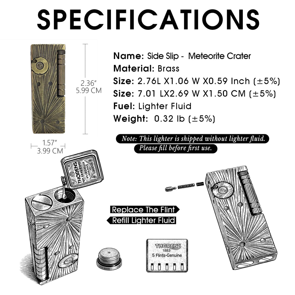 A technical product specification sheet for the "Side Slip" lighter in a Meteorite Crater brass finish, detailing its 2.76-inch height and 1.06-inch width, along with illustrated guides for fuel refilling and flint replacement.