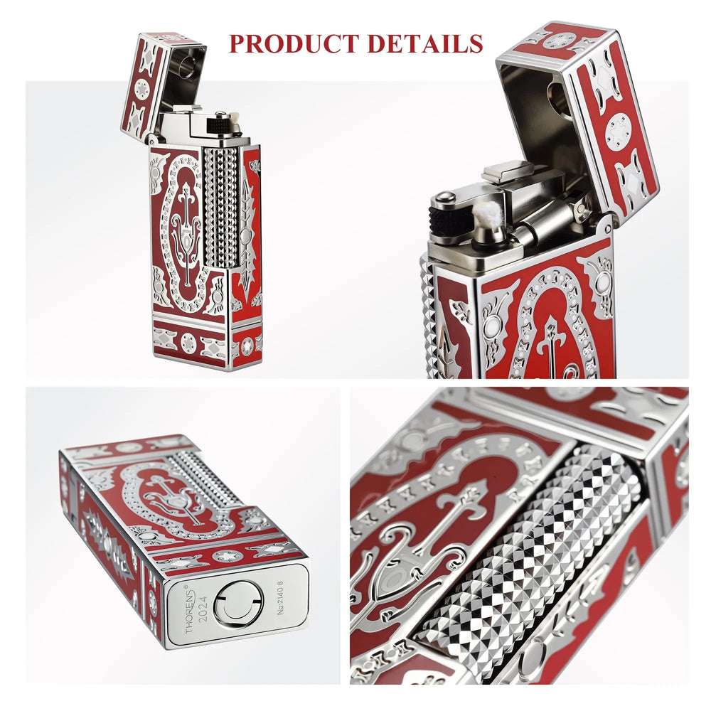 A detailed product collage of the red Thorens Side Slip narrow lighter, showcasing the open-cap wick assembly, the branded fuel base, and the textured flint wheel.