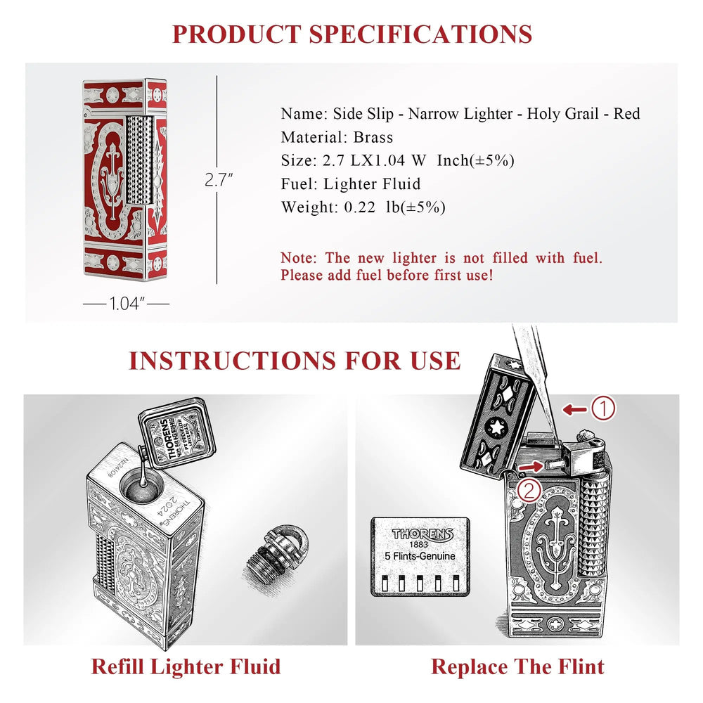 A Thorens technical infographic for the Side Slip narrow lighter in Red, detailing its brass construction, dimensions, and illustrated steps for refilling fluid and flint replacement.