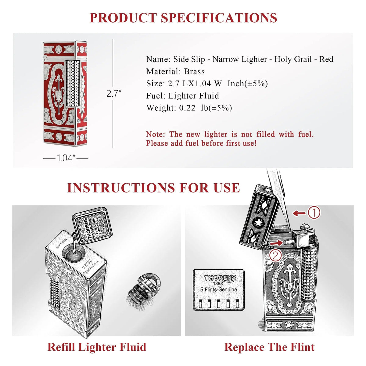 A Thorens technical infographic for the Side Slip narrow lighter in Red, detailing its brass construction, dimensions, and illustrated steps for refilling fluid and flint replacement.