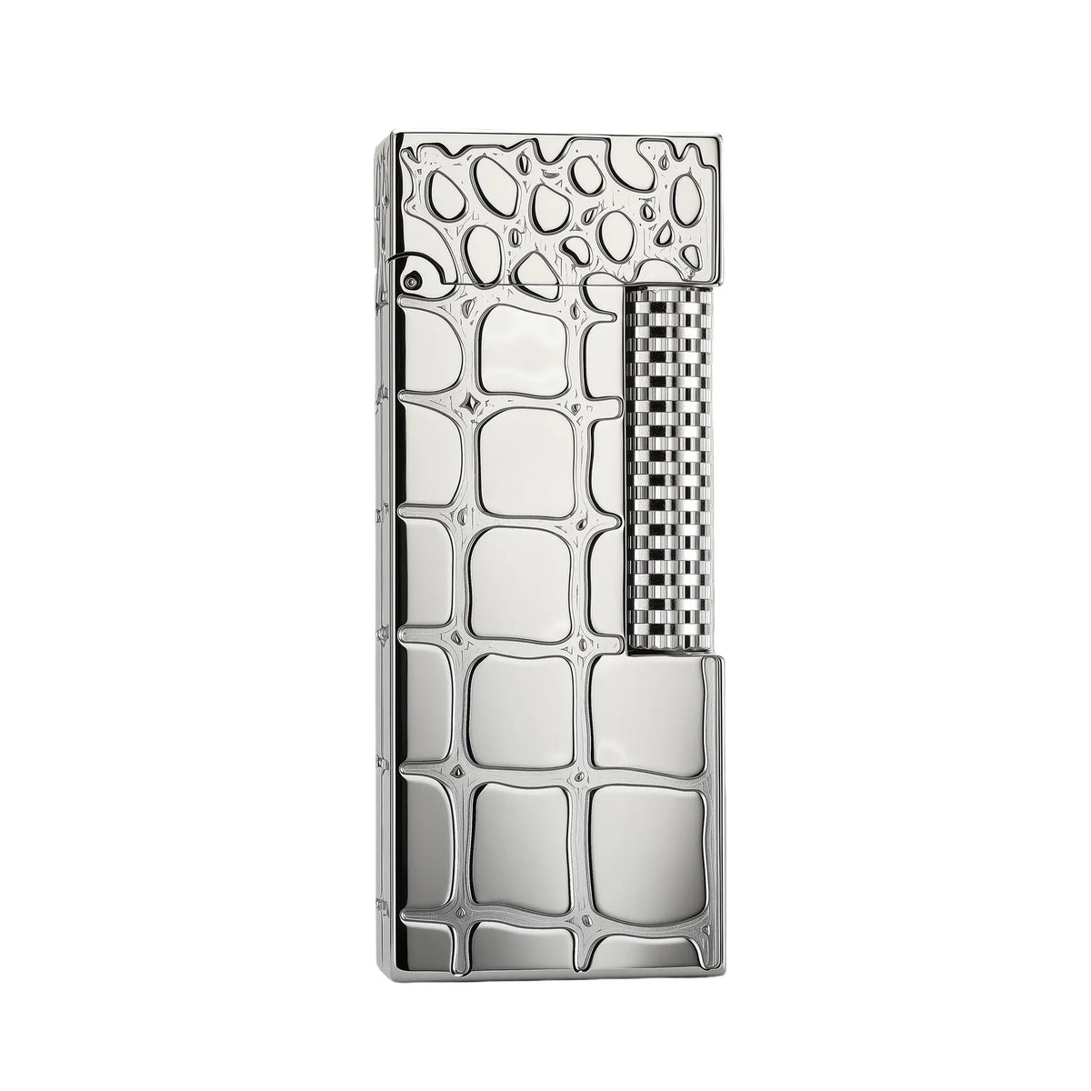 A slender Side Slip lighter featuring a high-polish silver finish with a deeply embossed crocodile skin texture and a textured vertical ignition roller.