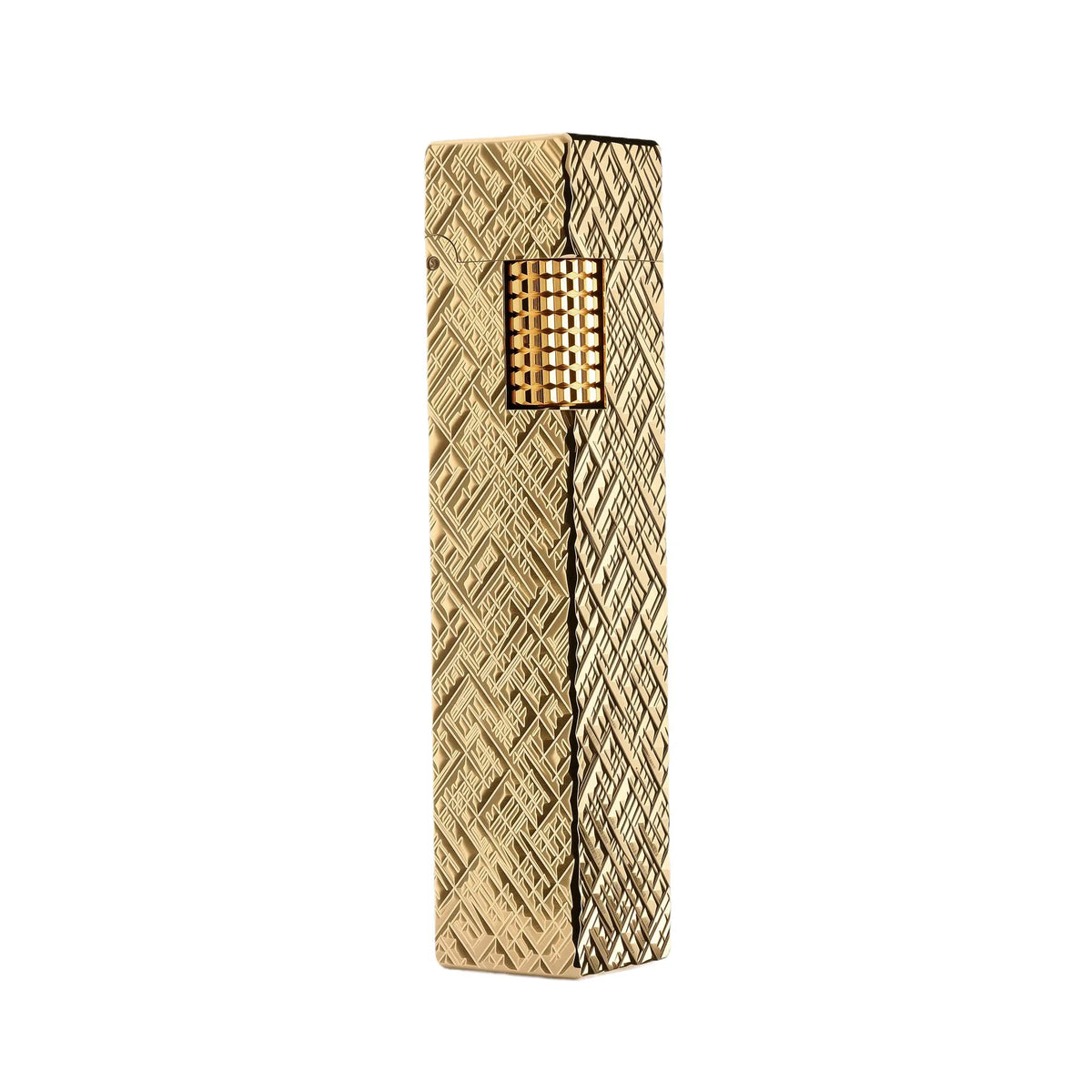 A slender rectangular Side Slip lighter featuring an intricate all-over geometric gold carving, creating a luxurious textured finish with a matching knurled ignition roller.
