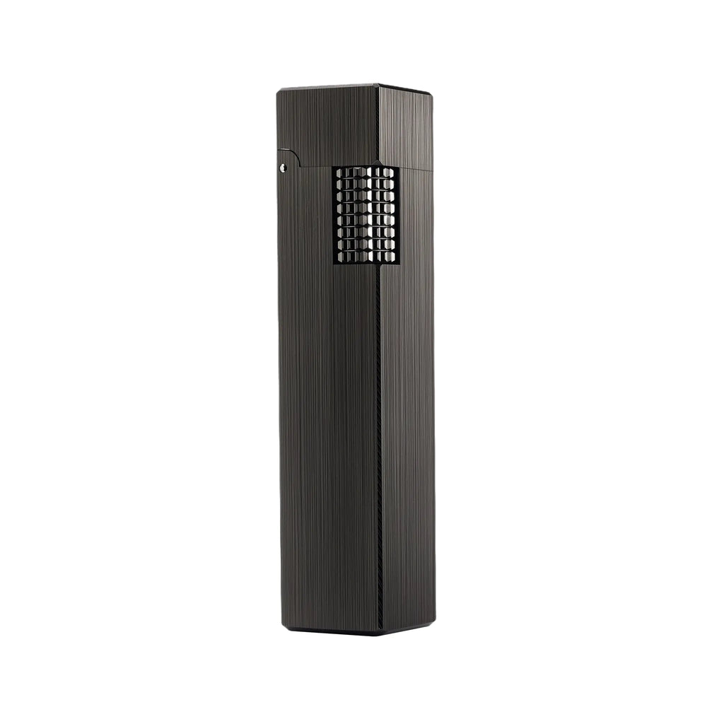 A slim rectangular Side Slip lighter with a vertical brushed black metallic finish and a contrasting textured silver-tone ignition roller.