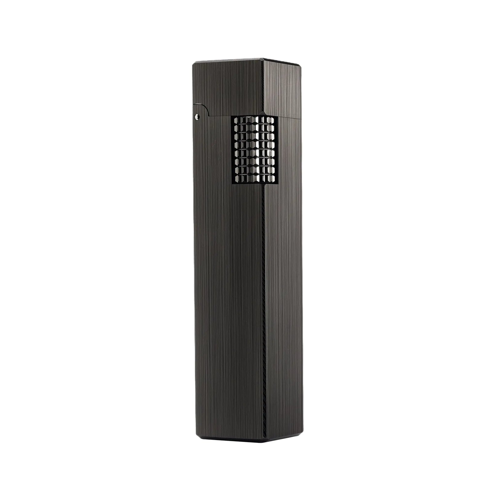 A slim rectangular Side Slip lighter with a vertical brushed black metallic finish and a contrasting textured silver-tone ignition roller.