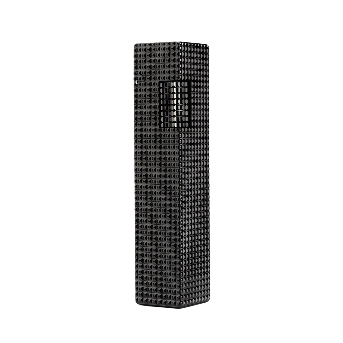 A slim rectangular Side Slip lighter in a glossy black finish, featuring an all-over small square "diamond head" textured pattern and a matching textured ignition roller.