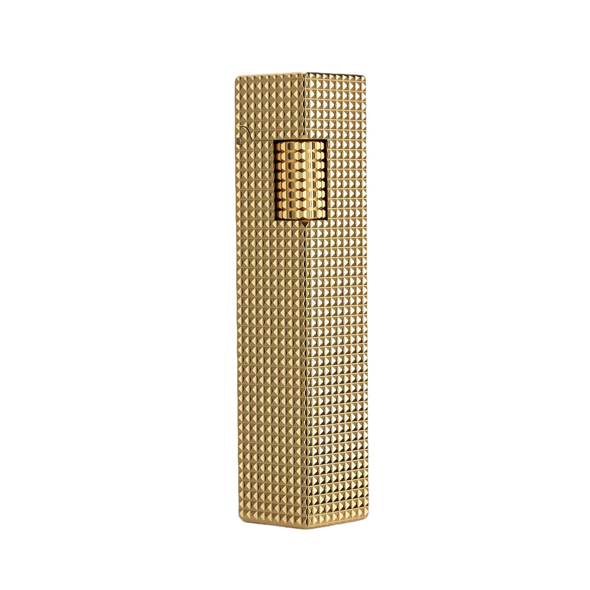 A slender rectangular Side Slip lighter in a brilliant gold finish, featuring an all-over small square "diamond head" textured pattern and a matching knurled ignition roller.