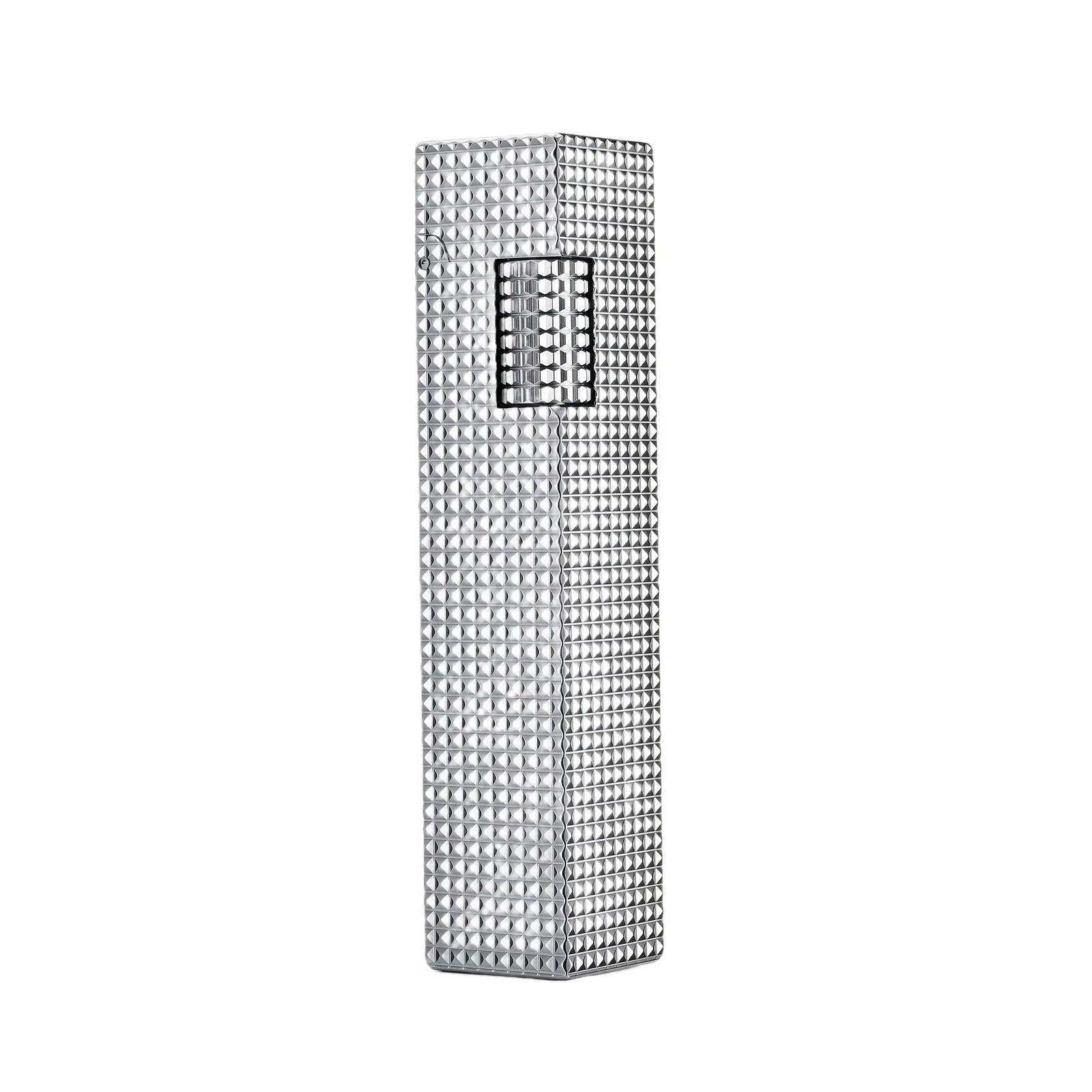 A slender rectangular Side Slip lighter in a high-polish silver finish, featuring an all-over small square "diamond head" textured pattern and a matching textured ignition roller.