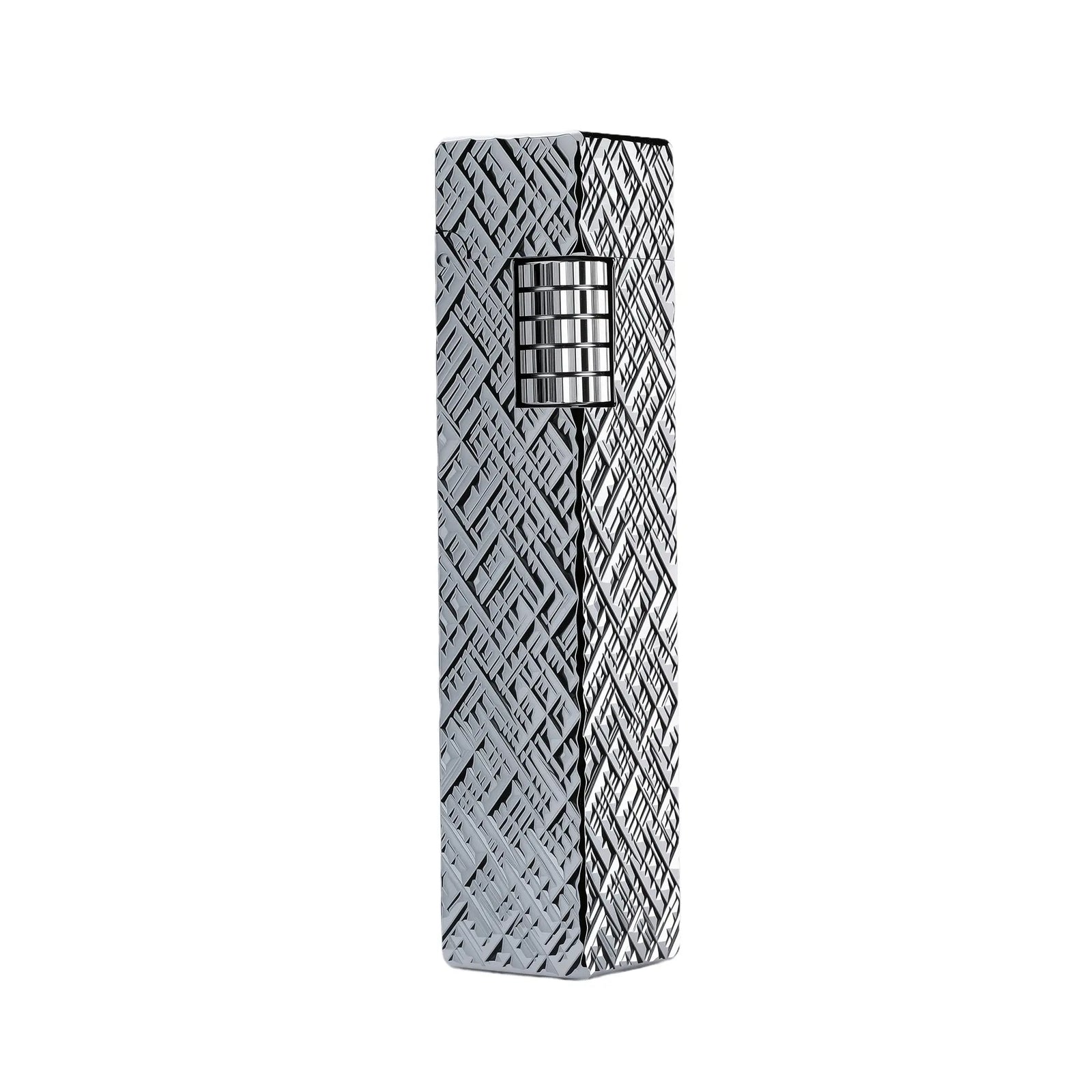 A slender rectangular Side Slip lighter featuring an intricate all-over geometric silver carving and a precision-engineered vertical ignition roller.