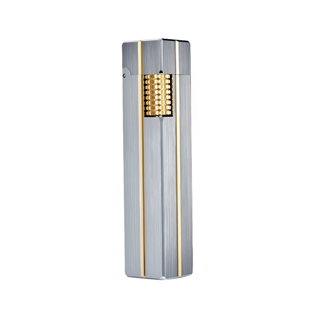 A slender rectangular Side Slip "Star Shine" lighter featuring a vertical brushed silver body accented by polished gold vertical stripes and a matching gold textured ignition roller.
