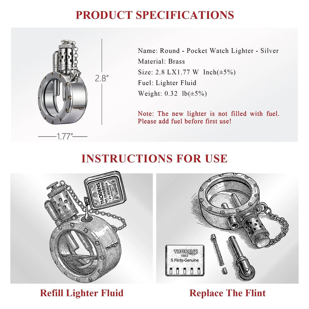A technical spec sheet for the Silver Round Pocket Watch Lighter, featuring dimensions and illustrated guides for refilling lighter fluid and flint replacement.