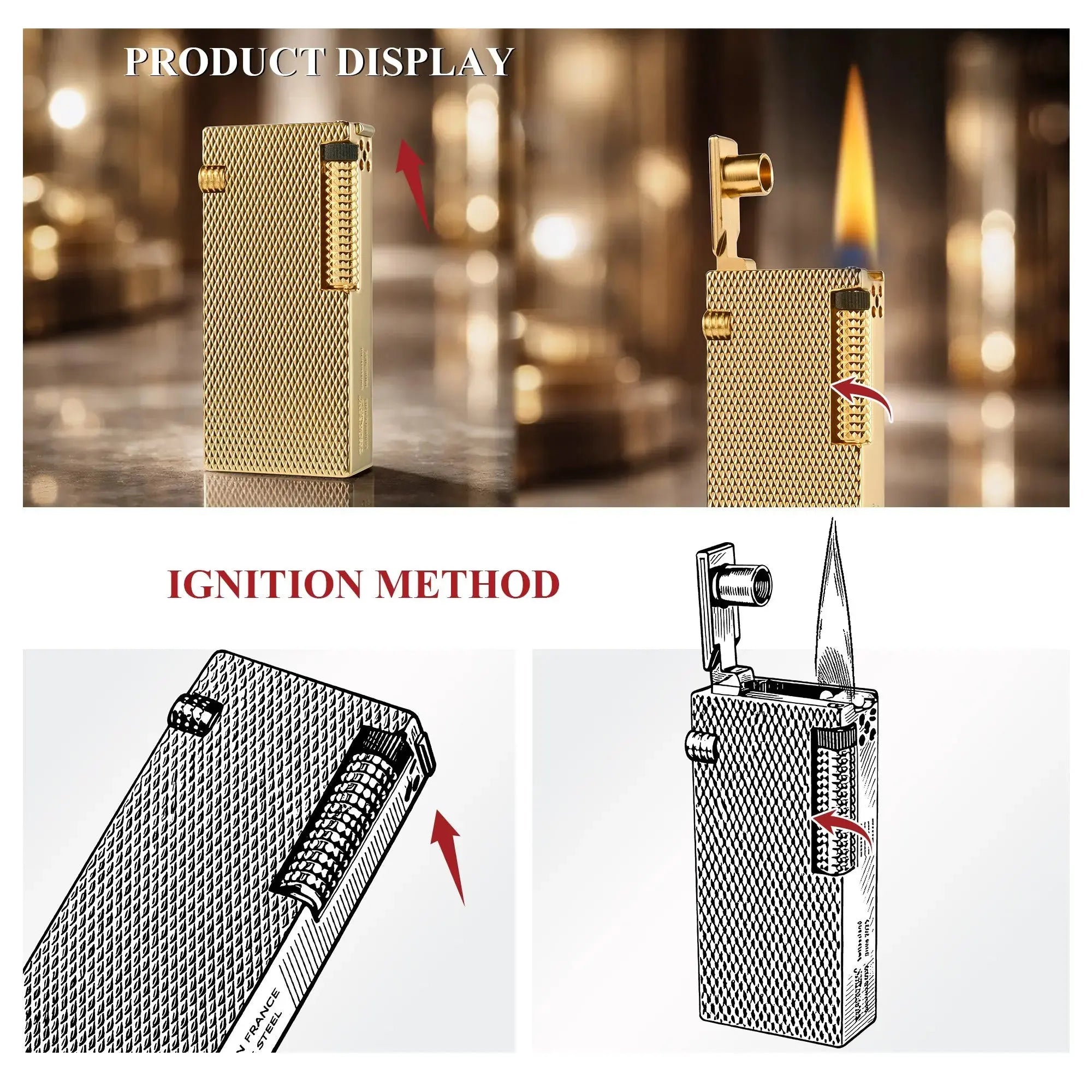 Product display and ignition guide for the Thorens Slim Cube Golden Mesh lighter, showing the closed form, the lighter open with flame, and illustrated views of the lid opening and side-wheel ignition method