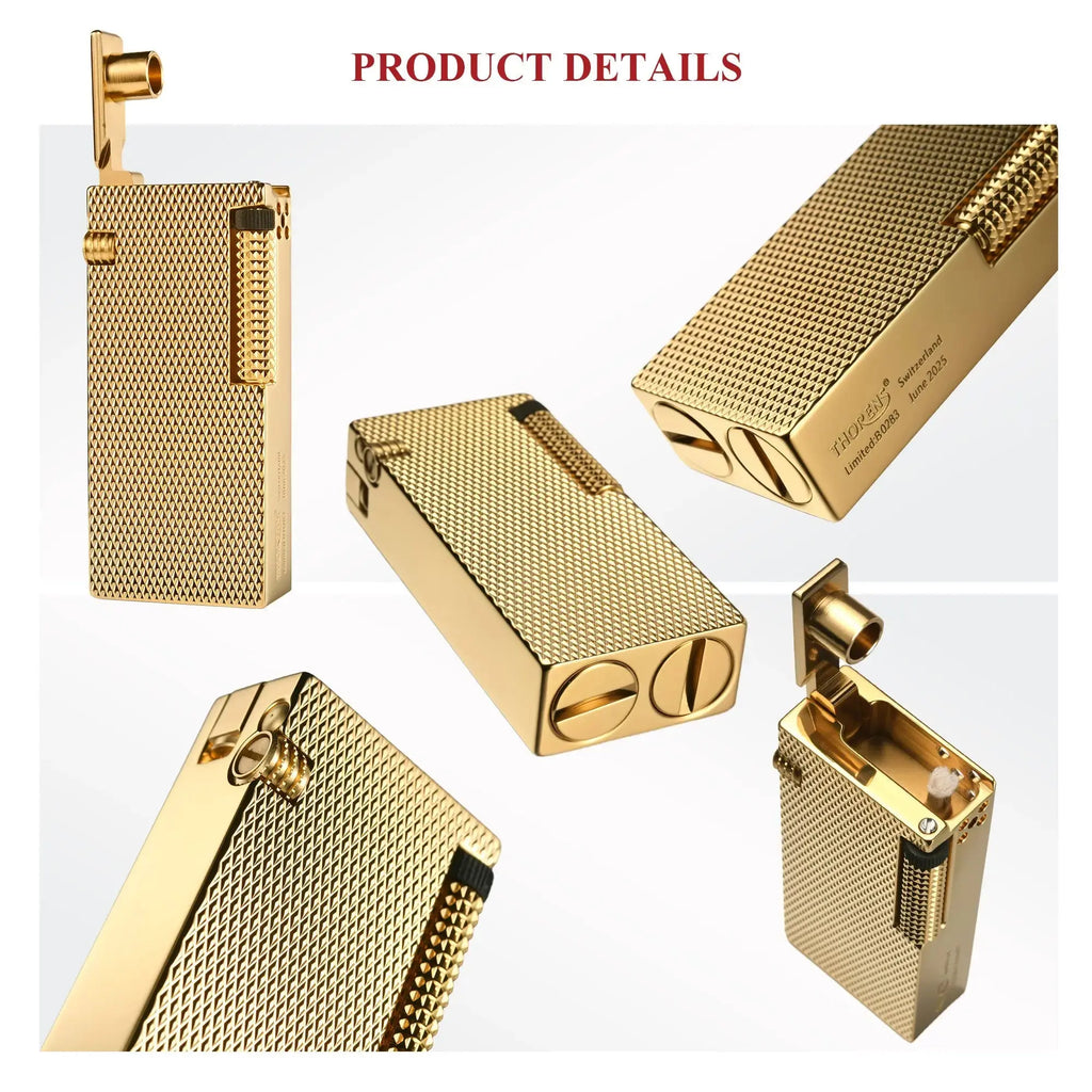 Product detail collage of the Thorens Slim Cube Golden Mesh lighter, showing the open lid position, angled body views, polished gold-tone base, textured golden mesh surface, and slim mechanical form