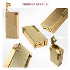 Product detail collage of the Thorens Slim Cube Golden Mesh lighter, showing the open lid position, angled body views, polished gold-tone base, textured golden mesh surface, and slim mechanical form
