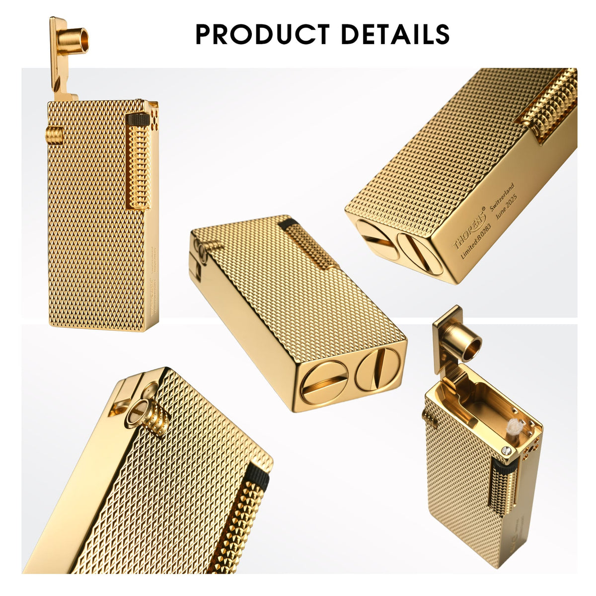Product detail collage of the Thorens Slim Cube Golden Mesh lighter, showing the open lid position, angled body views, polished gold-tone base, textured golden mesh surface, and slim mechanical form
