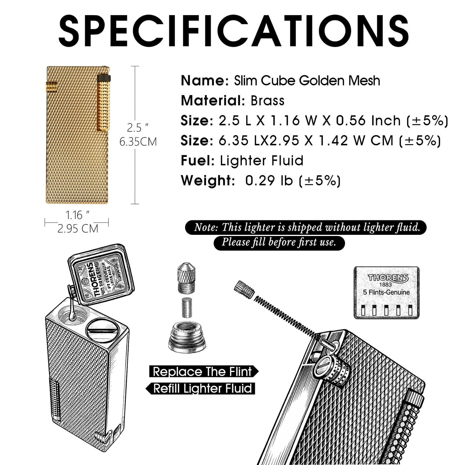 Product specifications and use guide for the Thorens Slim Cube Golden Mesh lighter, showing dimensions, brass construction, lighter fluid refill instructions, and flint replacement steps