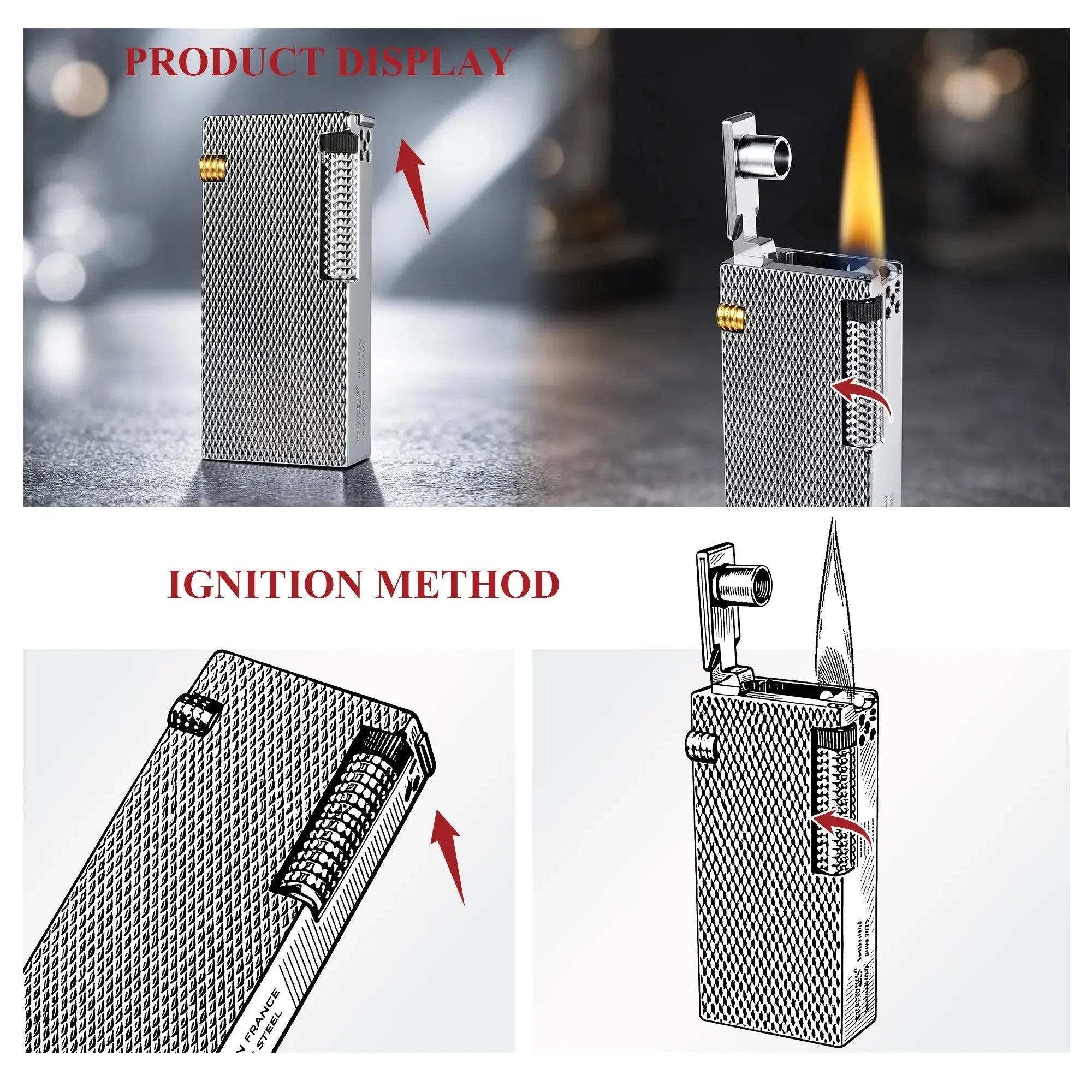 Product display and ignition guide for the Thorens Slim Cube Silver Mesh lighter, showing the closed form, the lighter open with flame, and illustrated views of the lid opening and side-wheel ignition method