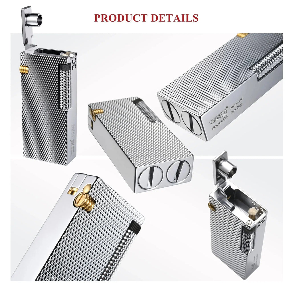 Product detail collage of the Thorens Slim Cube Silver Mesh lighter, showing the open lid position, angled body views, polished silver-tone base, textured silver mesh surface, and slim mechanical form