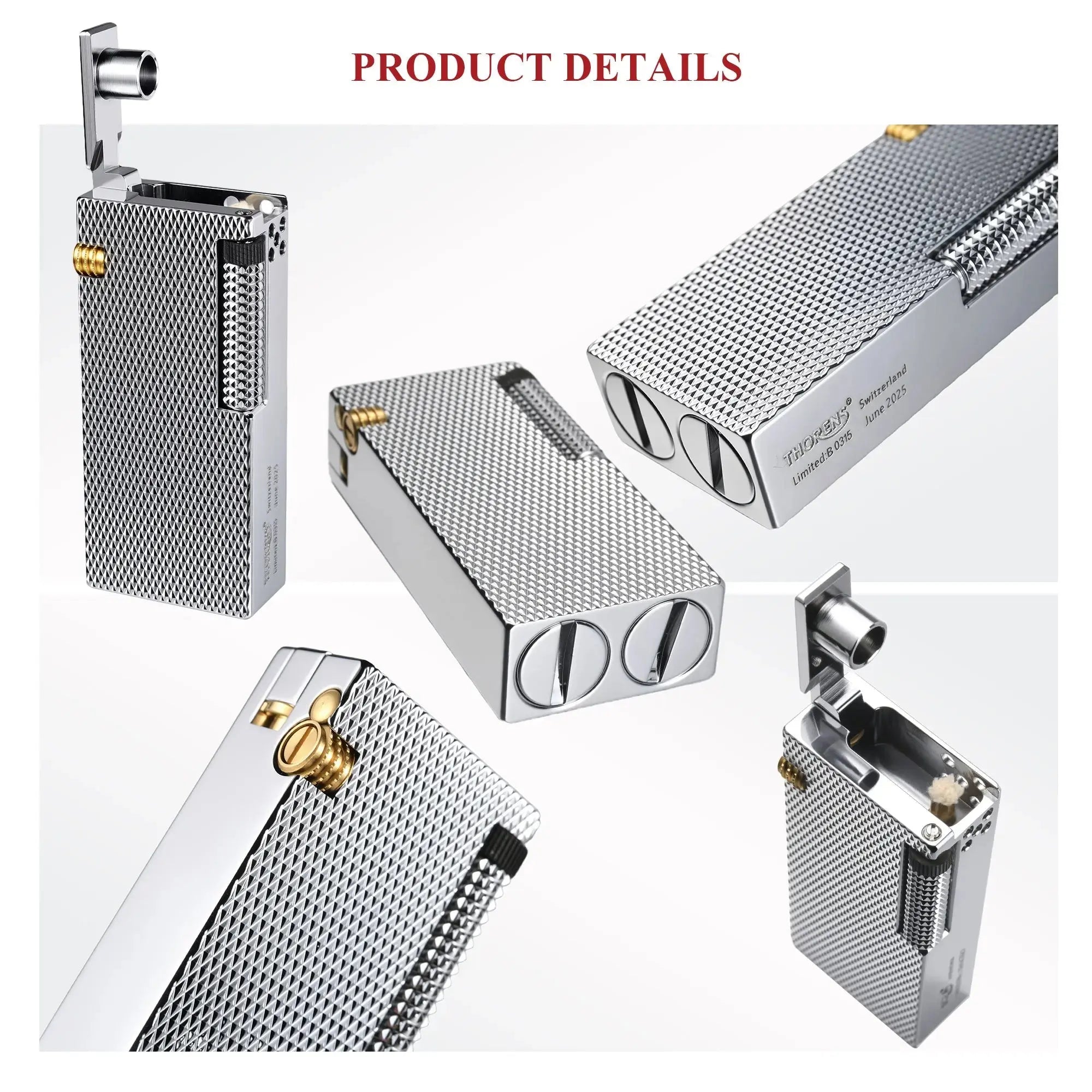 Product detail collage of the Thorens Slim Cube Silver Mesh lighter, showing the open lid position, angled body views, polished silver-tone base, textured silver mesh surface, and slim mechanical form