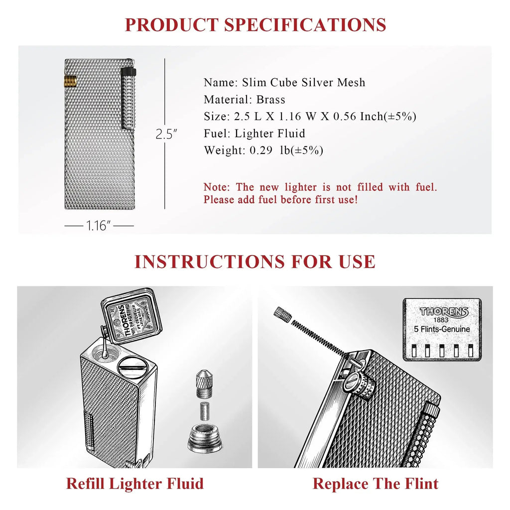 Product specifications and use guide for the Thorens Slim Cube Silver Mesh lighter, showing dimensions, brass construction, lighter fluid refill instructions, and flint replacement steps