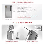 Product specifications and use guide for the Thorens Slim Cube Silver Mesh lighter, showing dimensions, brass construction, lighter fluid refill instructions, and flint replacement steps