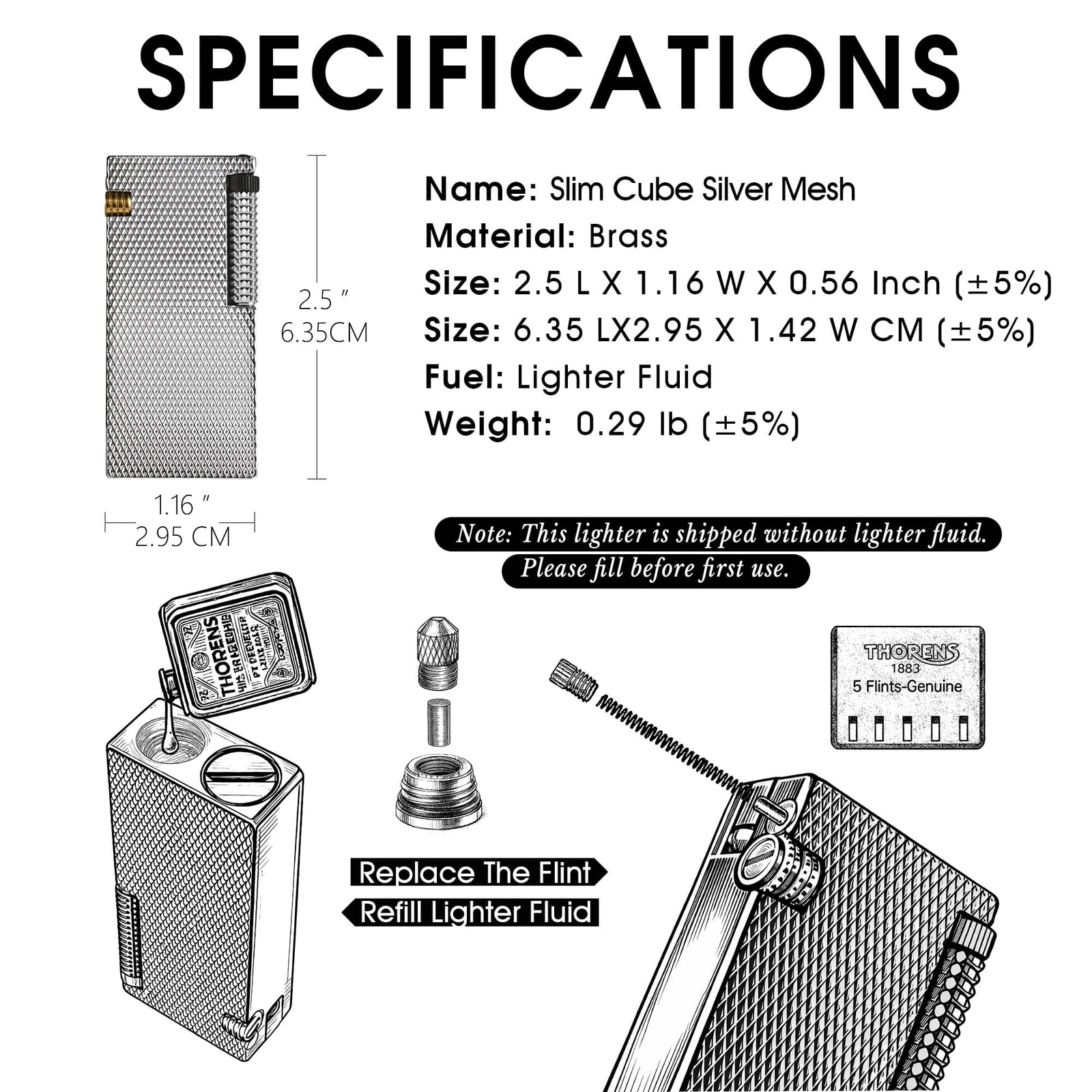 Product specifications and use guide for the Thorens Slim Cube Silver Mesh lighter, showing dimensions, brass construction, lighter fluid refill instructions, and flint replacement steps