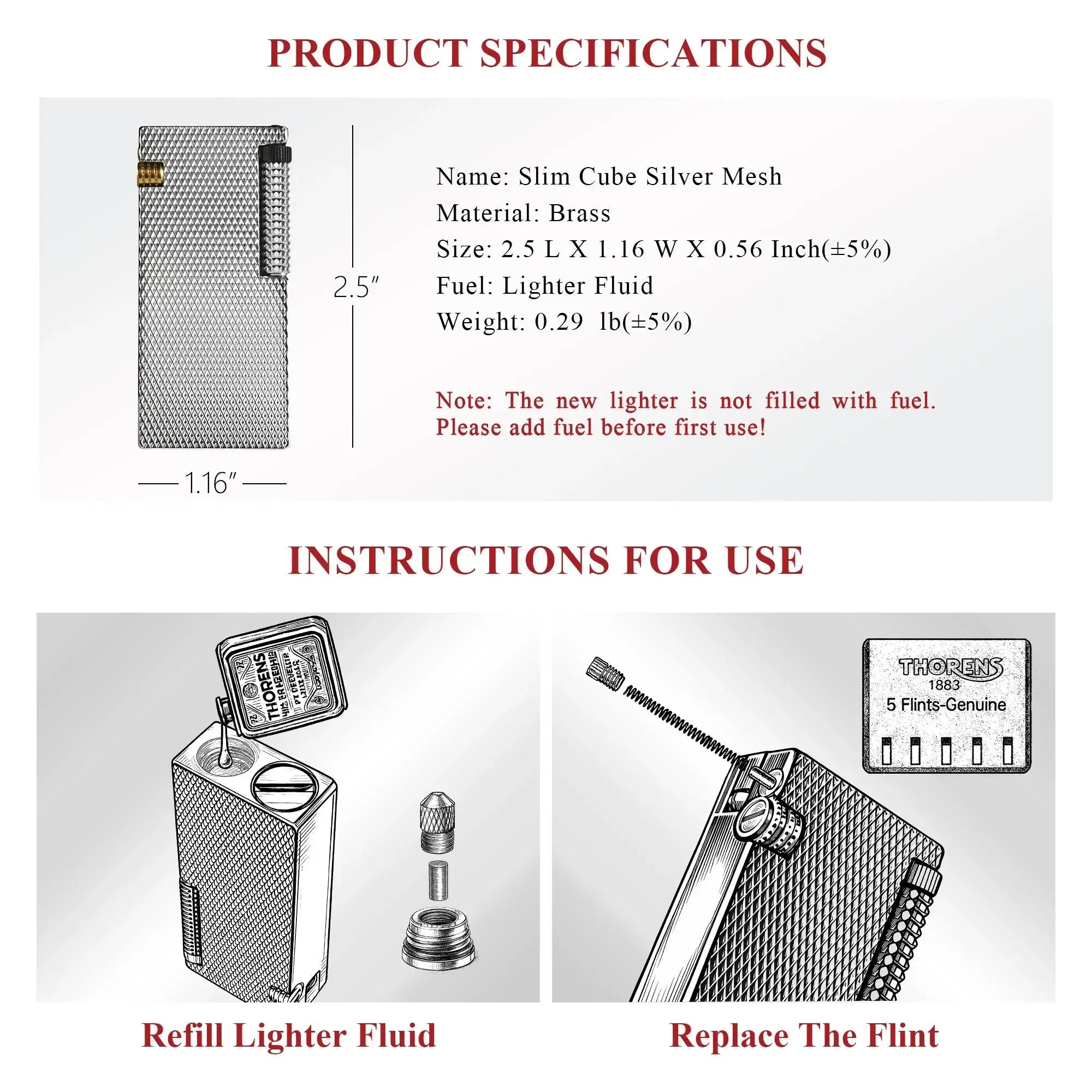 Product specifications and use guide for the Thorens Slim Cube Silver Mesh lighter, showing dimensions, brass construction, lighter fluid refill instructions, and flint replacement steps