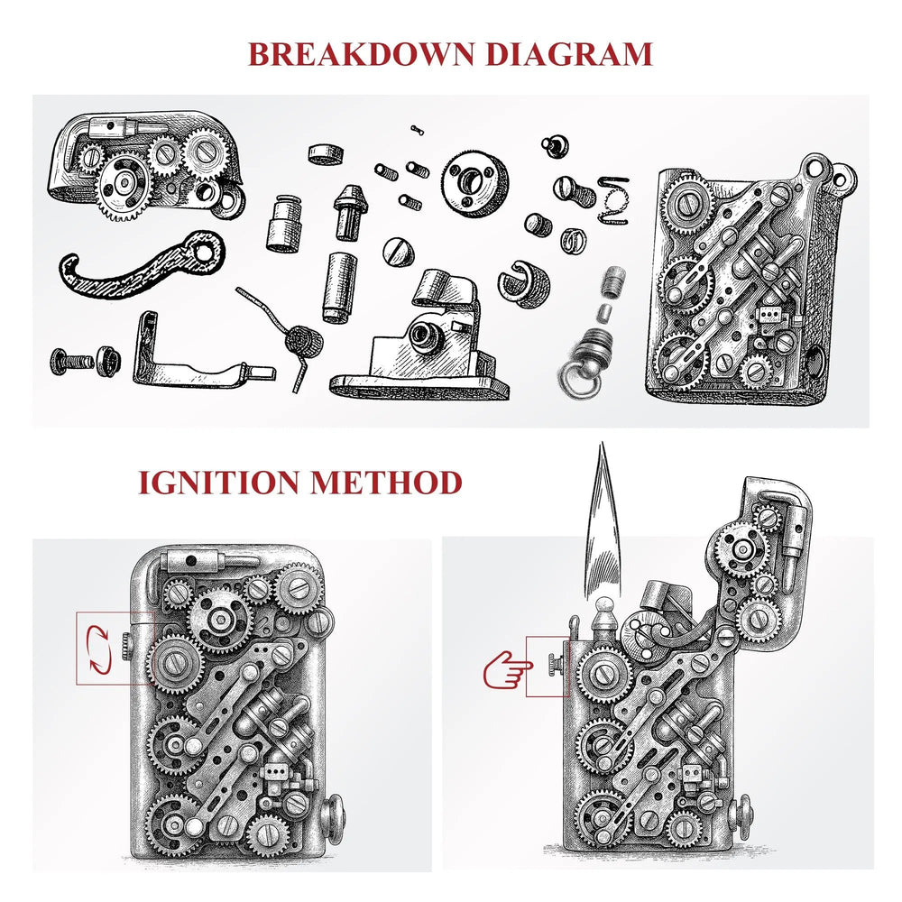 A technical hand-drawn illustration of the Steampunk-Twin Torque lighter, featuring a complex parts breakdown and a step-by-step mechanical guide to the side-fill ignition method.