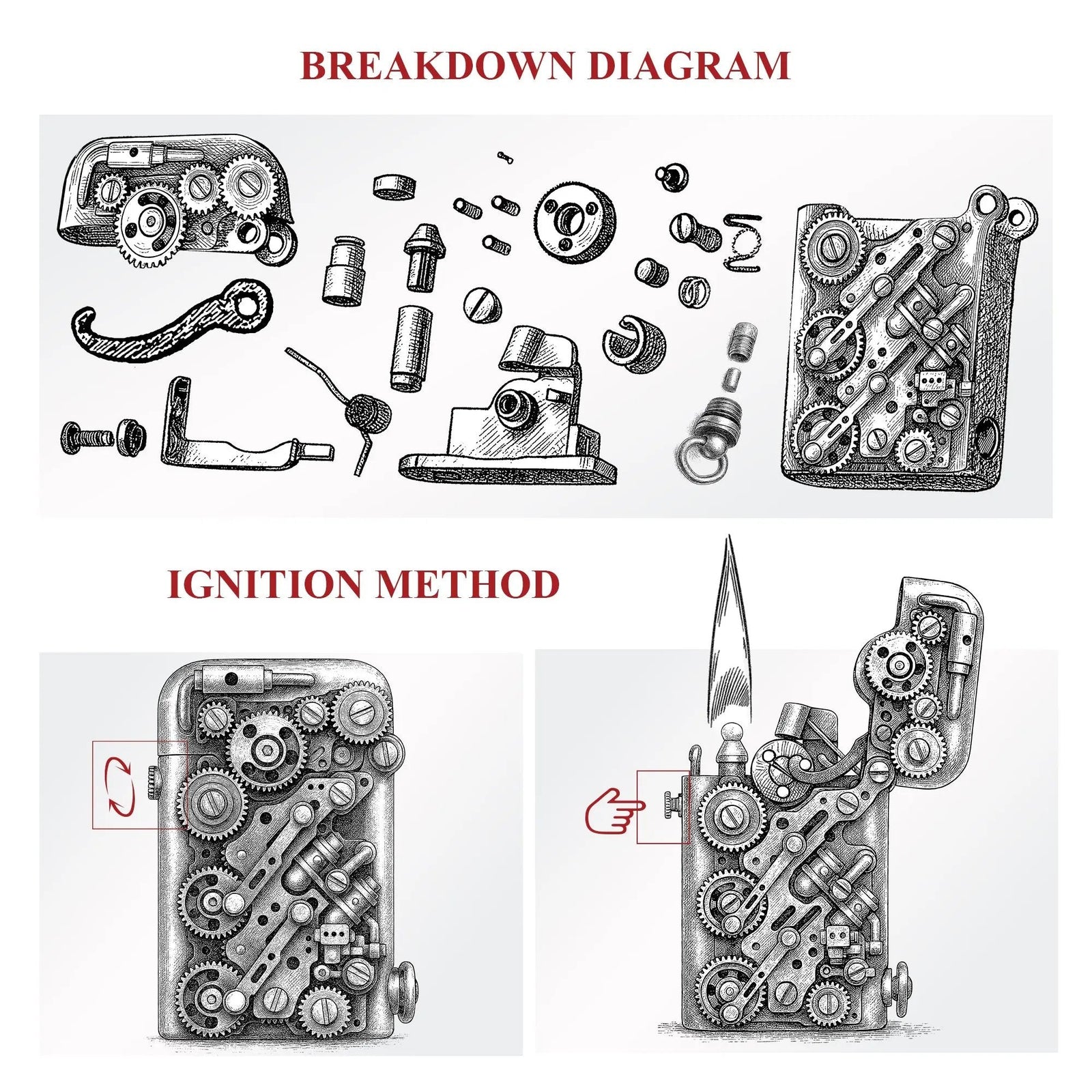 A technical hand-drawn illustration of the Steampunk-Twin Torque lighter, featuring a complex parts breakdown and a step-by-step mechanical guide to the side-fill ignition method.