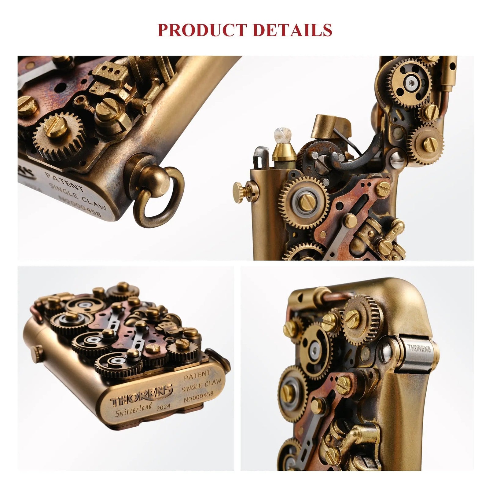 A product detail collage of the Steampunk-Twin Torque lighter, showcasing the intricate gear-driven assembly, the Thorens Switzerland 2024 bottom stamp, and the open-cap ignition structure.
