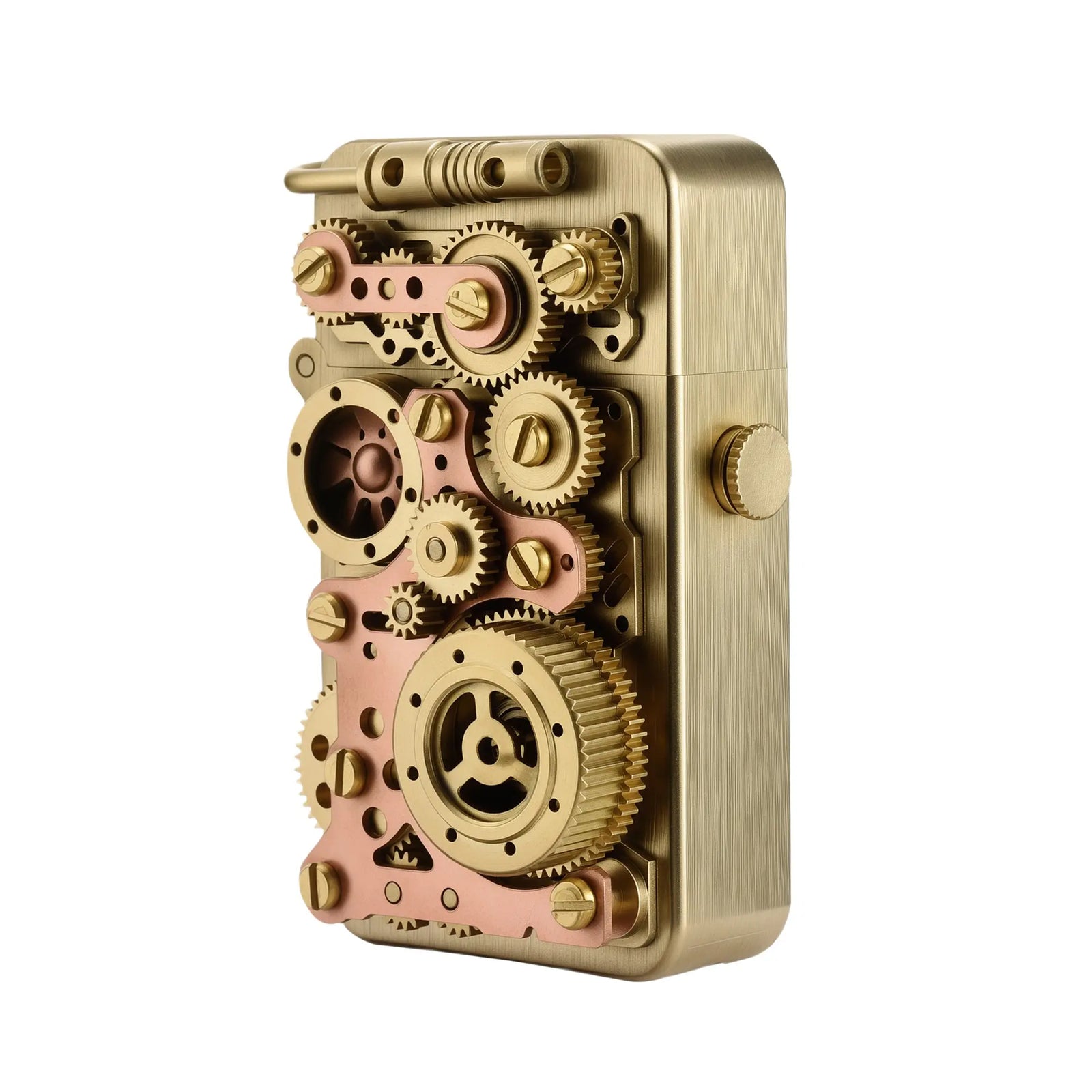 A Steampunk lighter featuring an intricate gear linkage system in brass and copper tones, mounted on a brushed metal body with visible screws and cogs.