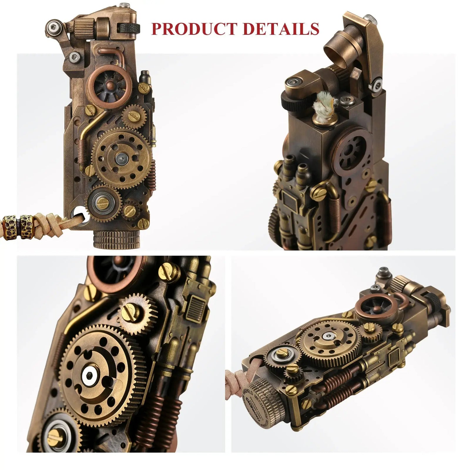 Product detail collage of the Thorens steampunk mechanical grip grand gear lighter in antique bronze, showing the upright body, open ignition head, oversized exposed gear assembly, and angled mechanical side profile