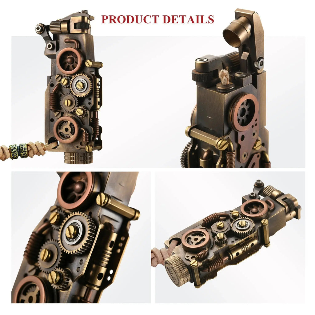 Product detail collage of the Thorens steampunk mechanical grip lighter in antique bronze, showing the upright body, open ignition head, exposed fine gear assembly, and angled mechanical side profile