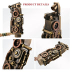 Product detail collage of the Thorens steampunk mechanical grip lighter in antique bronze, showing the upright body, open ignition head, exposed fine gear assembly, and angled mechanical side profile