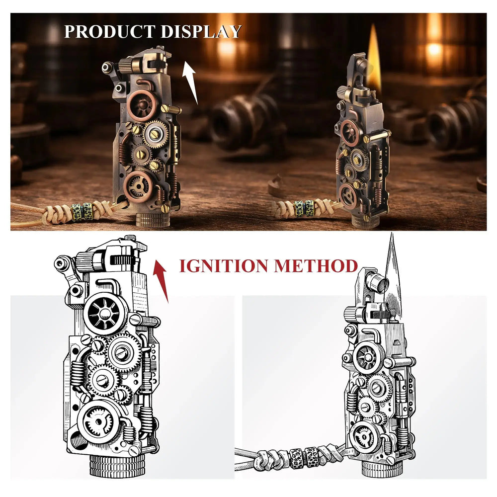 Product display and ignition guide for the Thorens steampunk mechanical grip lighter in antique bronze, showing the closed form, the lighter lit in use, and illustrated views of the opening and ignition method