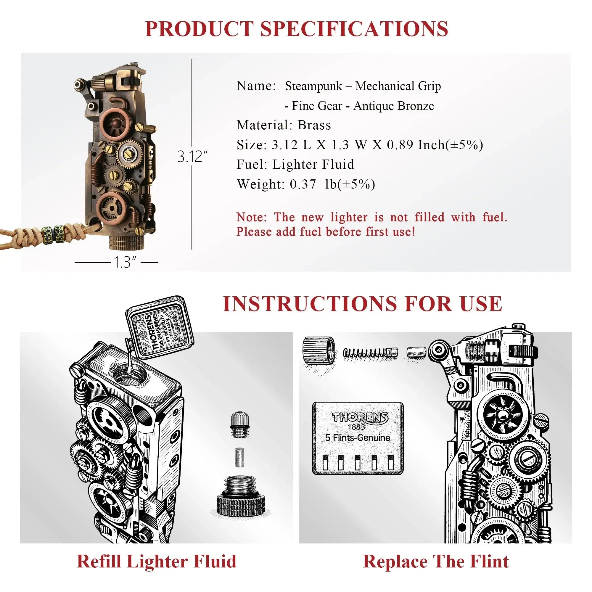Product specifications and use guide for the Thorens steampunk mechanical grip lighter in antique bronze, showing dimensions, brass construction, lighter fluid refill instructions, and flint replacement steps